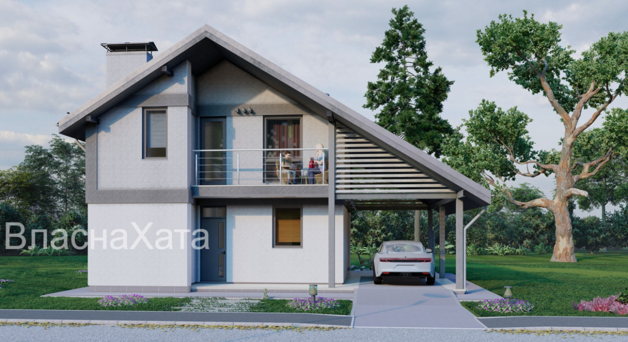 Сучасний двоповерховий будинок із навісом для машини